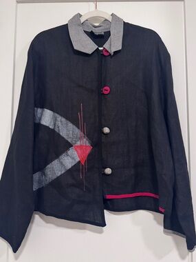 Vtg Black Linen Alissa Blazer Art to Wear Asymmetrical Jacket
